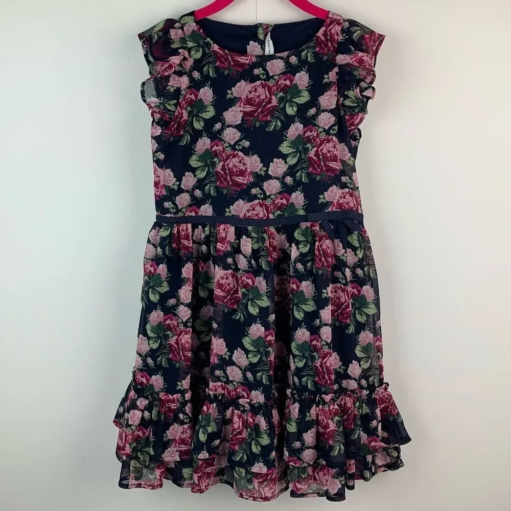 Janie And Jack Girl’s Navy Pink Floral Chiffon Ruffle Dress Size 7